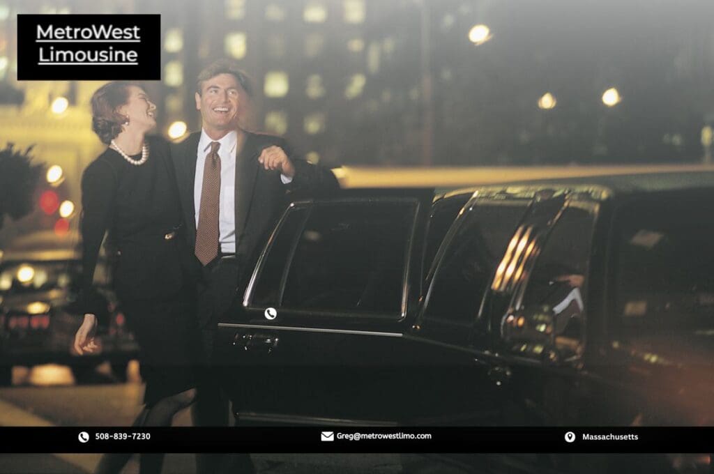 A beautiful couple coming out of a limo from metrowest limo on their birthday