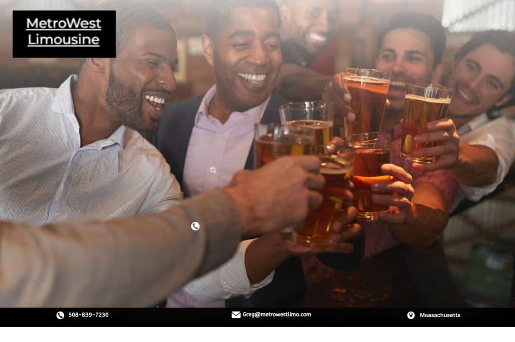 Friends toasting at their bachelor party in a pub and enjoying the evening