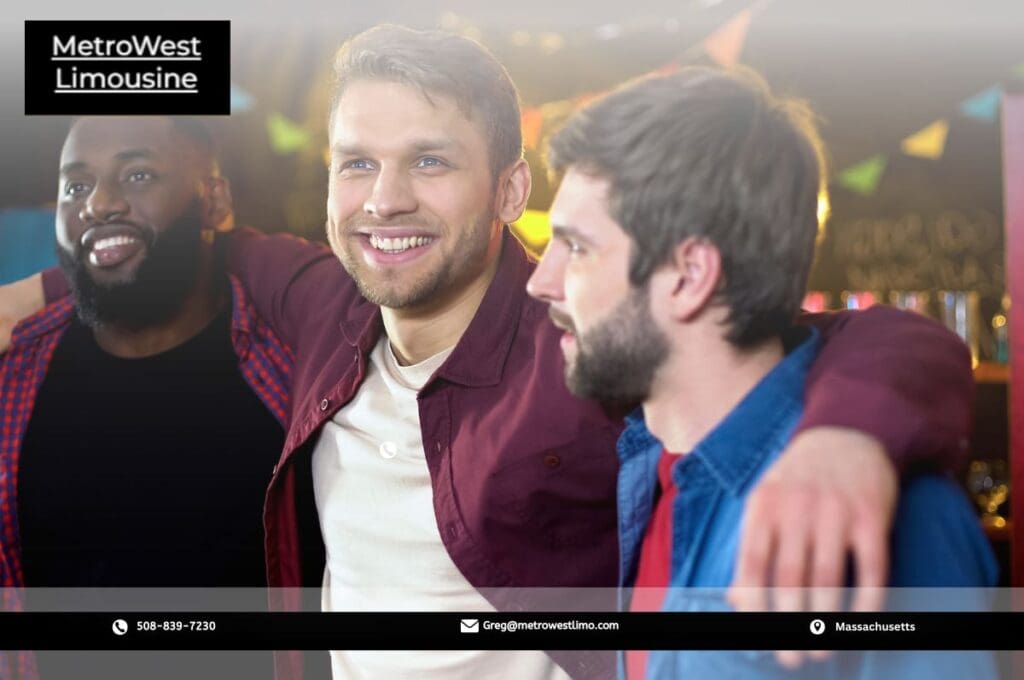 Three friends smiling and enjoying their in a pub