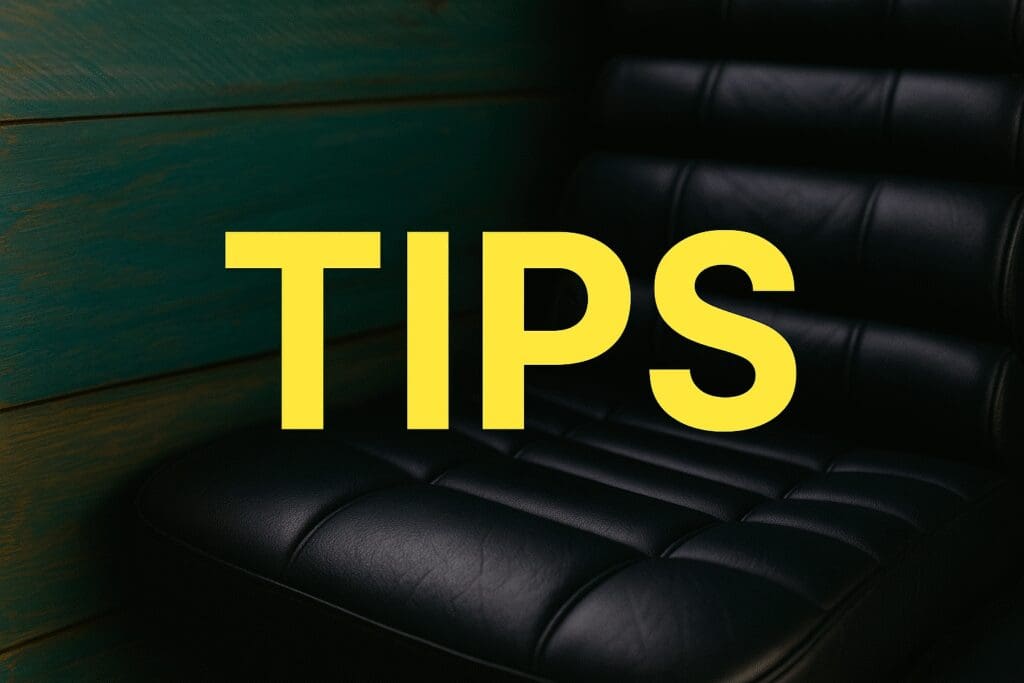 Tips written with yelow fonts and black leather plush limo seating in the back ground